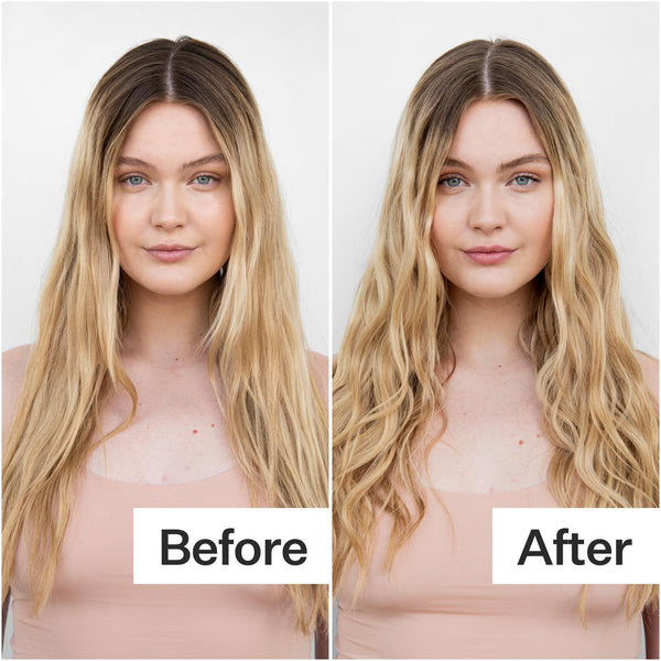 Before/After of woman with long, blonde hair using Act+Acre Curl Spray