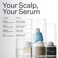 Scalp care serum products with a chart detailing scalp issues and solutions on a white background.