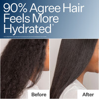 Before and after comparison of hair hydration with text '90% Agree Hair Feels More Hydrated' after using Daily Hydro™ Hydration System