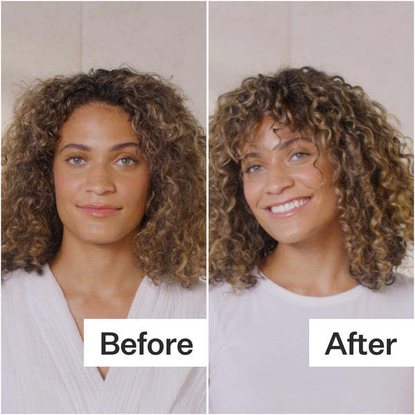 Before/After of woman with curly hair using Act+Acre Cleanse + Conditioner