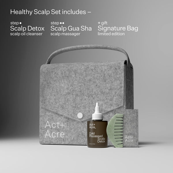 Infographic describing products included in Act+Acre Healthy Scalp Set 