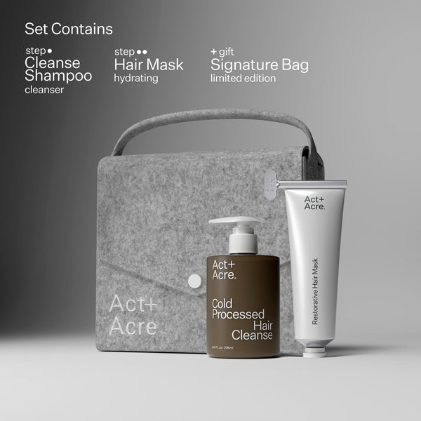 Infographic describing products included in Act+Acre Dry + Damaged Hair System