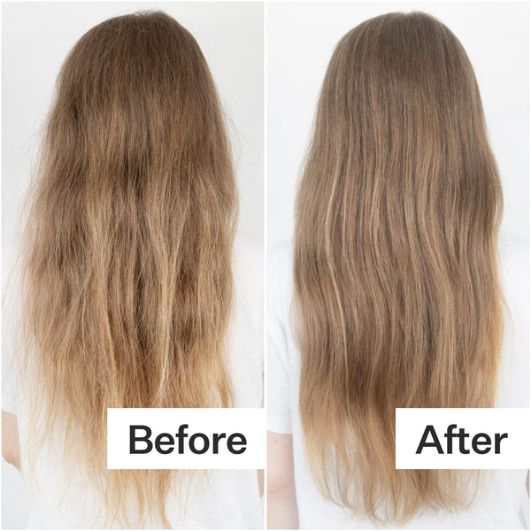 Before/After of long, blonde hair after using Act+Acre Dry + Damaged Hair System