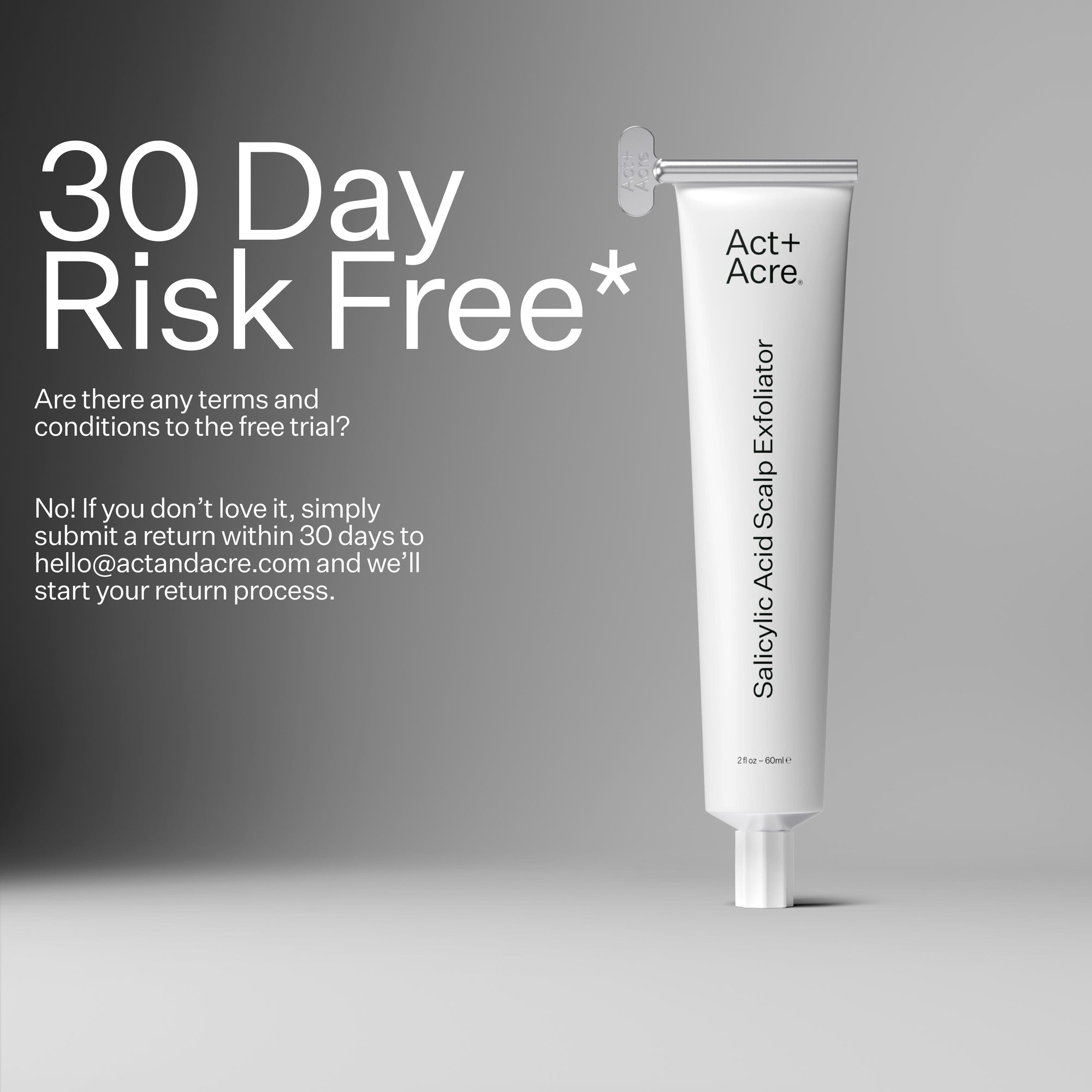 Act+ Acre BHA Salicylic Acid Scalp Exfoliator with text reading "30 Day Risk Free*"