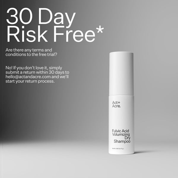Act+Acre Fulvic Acid Volumizing Dry Shampoo with text reading "30 Day Risk Free*"