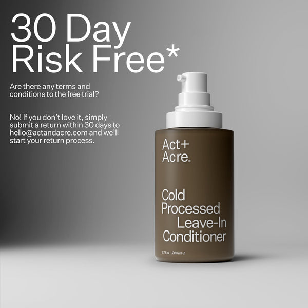 Act+Acre 2% Squalene Anti-Frizz Leave In Conditioner with text reading "30 Day Risk Free*'