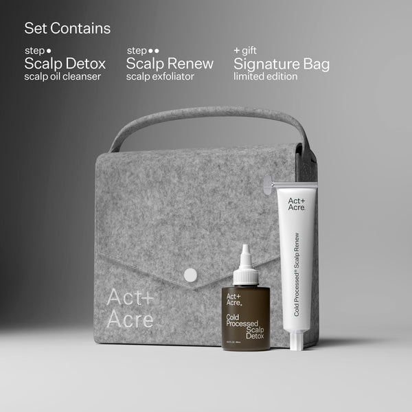 Infographic describing products included in Act+Acre Dry + Itchy Scalp System