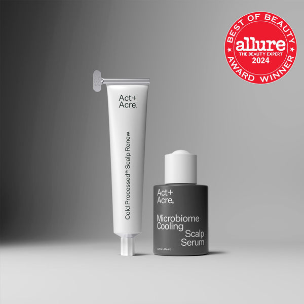 Act+Acre Cold Processed® Scalp Renew and Microbiome Cooling Scalp Serum displayed on a gray background with Allure Best of Beauty 2024 award badge.