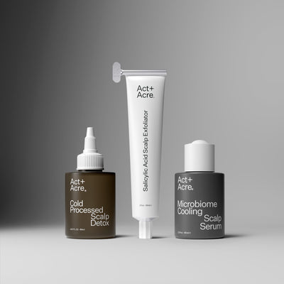 Act+Acre Scalp Detox, Salicylic Acid Scalp Exfoliator and Microbiome Cooling Scalp Serum product line up 