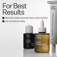 Three Act+Acre. scalp care products on a clean white background with promotional text reading 'For Best Results' and usage instructions.