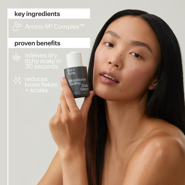 Infographic describing ingredients and benefits of Act+Acre Microbiome Cooling Scalp Serum