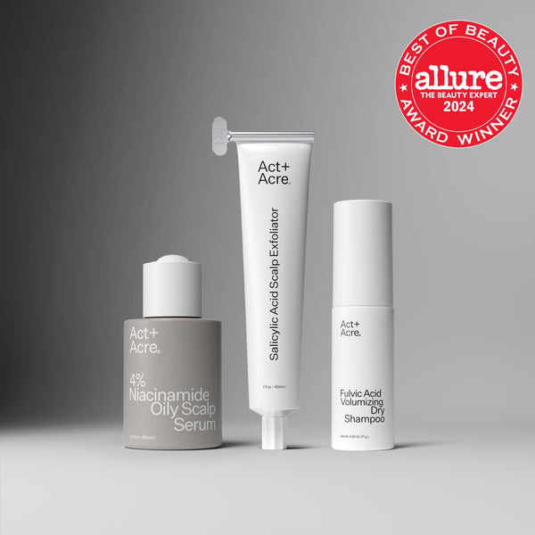 Three scalp care products with 'Allure Best of Beauty 2024' award on a gray background
