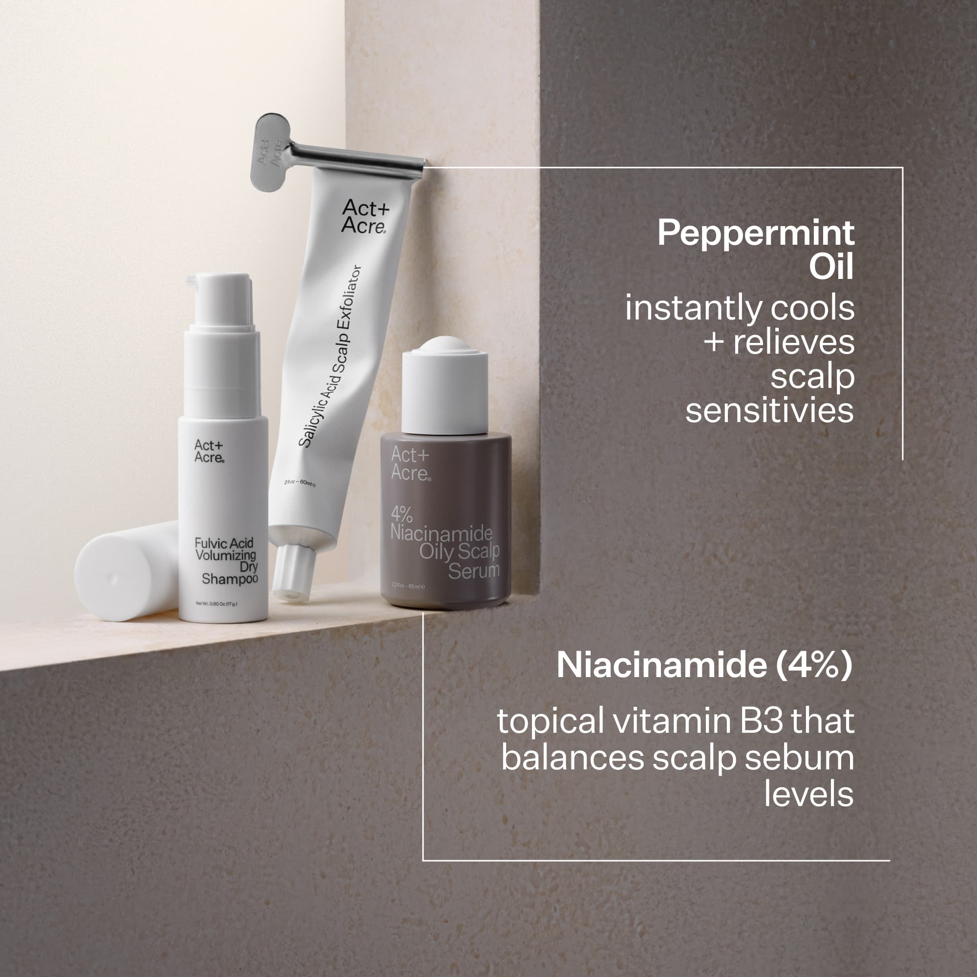 3 x Act+Acre product line up on shelf with ingredient call outs