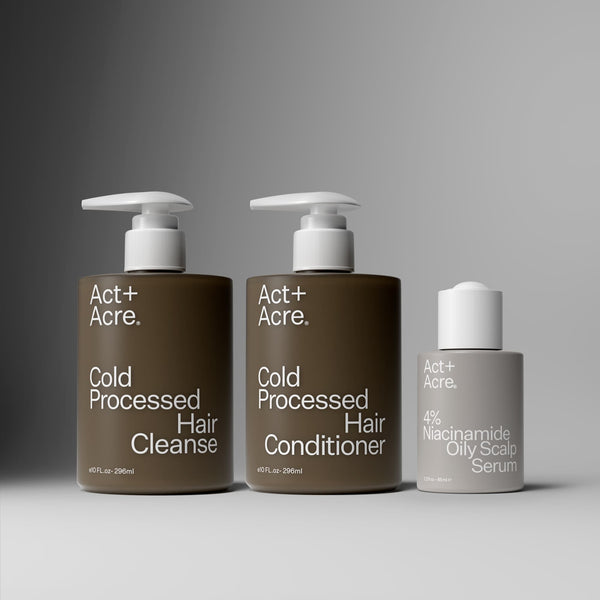 Act+Acre Hair Cleanse, Conditioner and 4% Niacinamide Oily Scalp Serum 