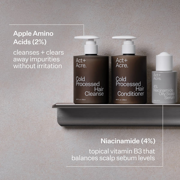 Act+Acre Hair Cleanse, Conditioner and 4% Niacinamide Oily Scalp Serum on a shelf, Niacinamide and Apple Amino Acid ingredient call outs attached 