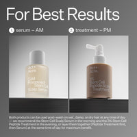 Two skincare products with text indicating usage times and benefits.