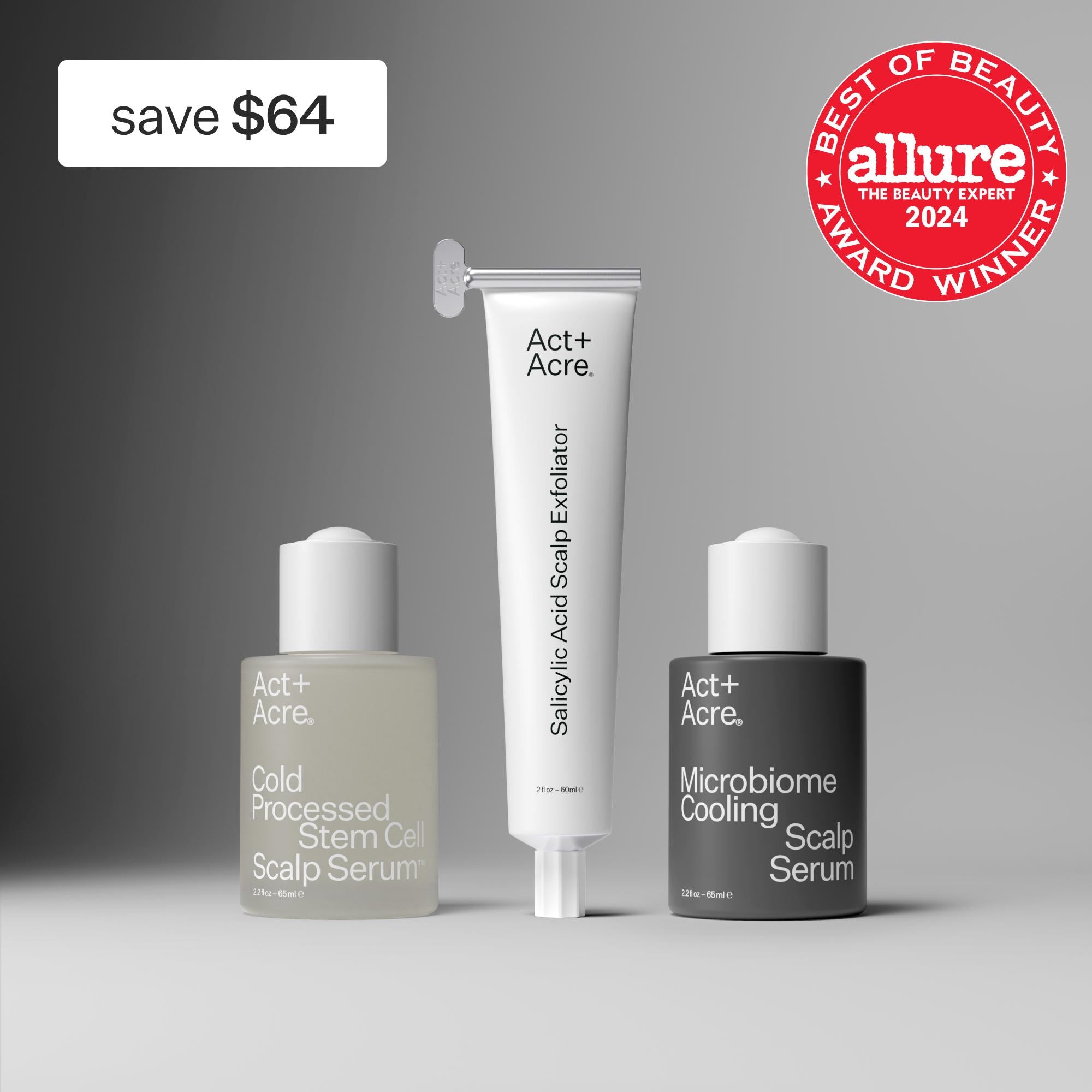 Three scalp care products with 'Act+Acre' branding on a gray background, featuring an Allure Best of Beauty 2024 award badge.
