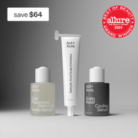 Three scalp care products with 'Act+Acre' branding on a gray background, featuring an Allure Best of Beauty 2024 award badge.
