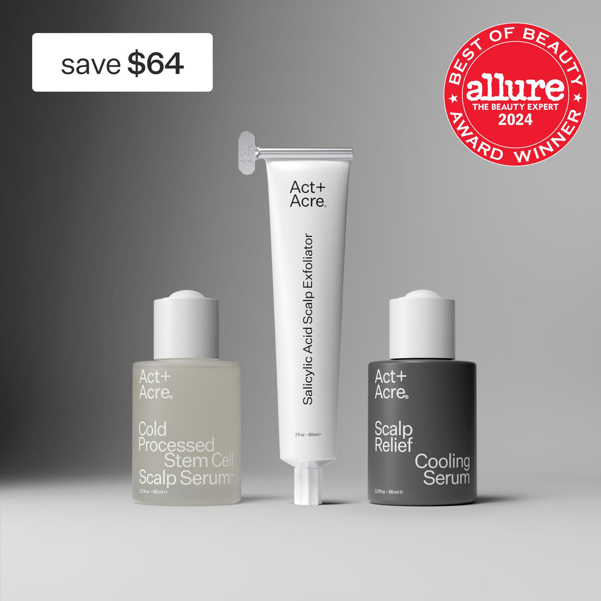 Three scalp care products with 'Act+Acre' branding on a gray background, featuring an Allure Best of Beauty 2024 award badge.