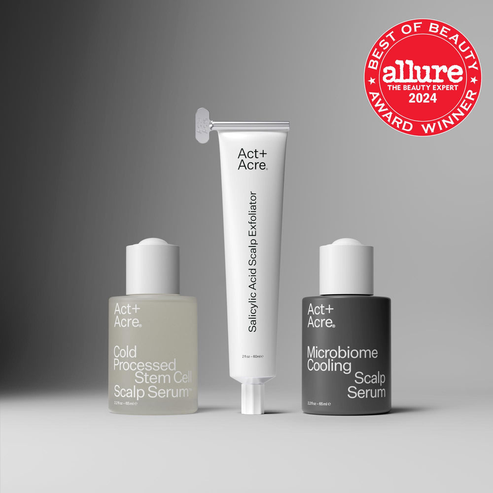 Three scalp care products from Act+Acre with an Allure Best of Beauty 2024 award badge on a gray background.