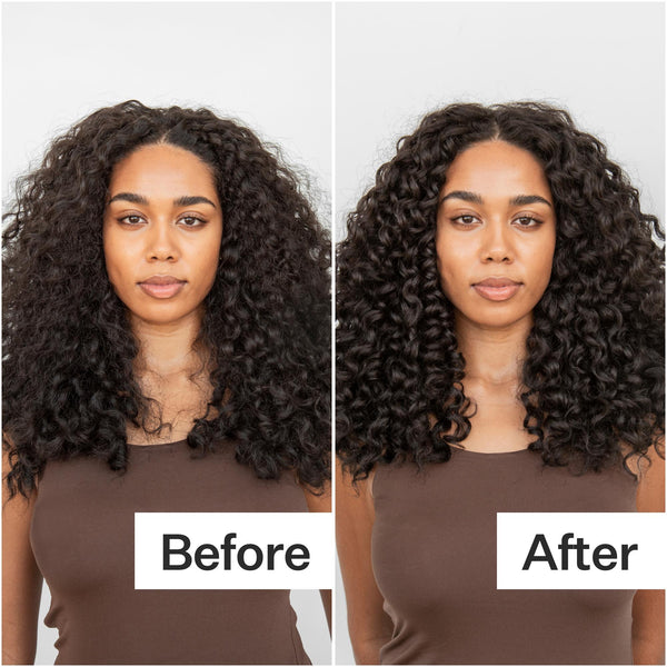 Before/After of woman with dark curly hair using Act+Acre Soft Curl Lotion
