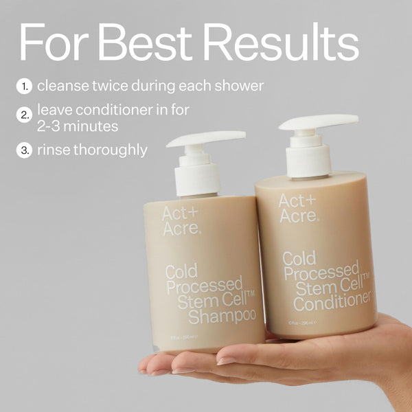 Infographic of how to achieve the best results when using Act+Acre's Stem Cell Shampoo and Conditioner