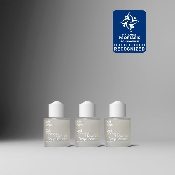 3 x Act+Acre Stem Cell Scalp Serum Product Line up with Psoriasis Foundation Recognition Seal 