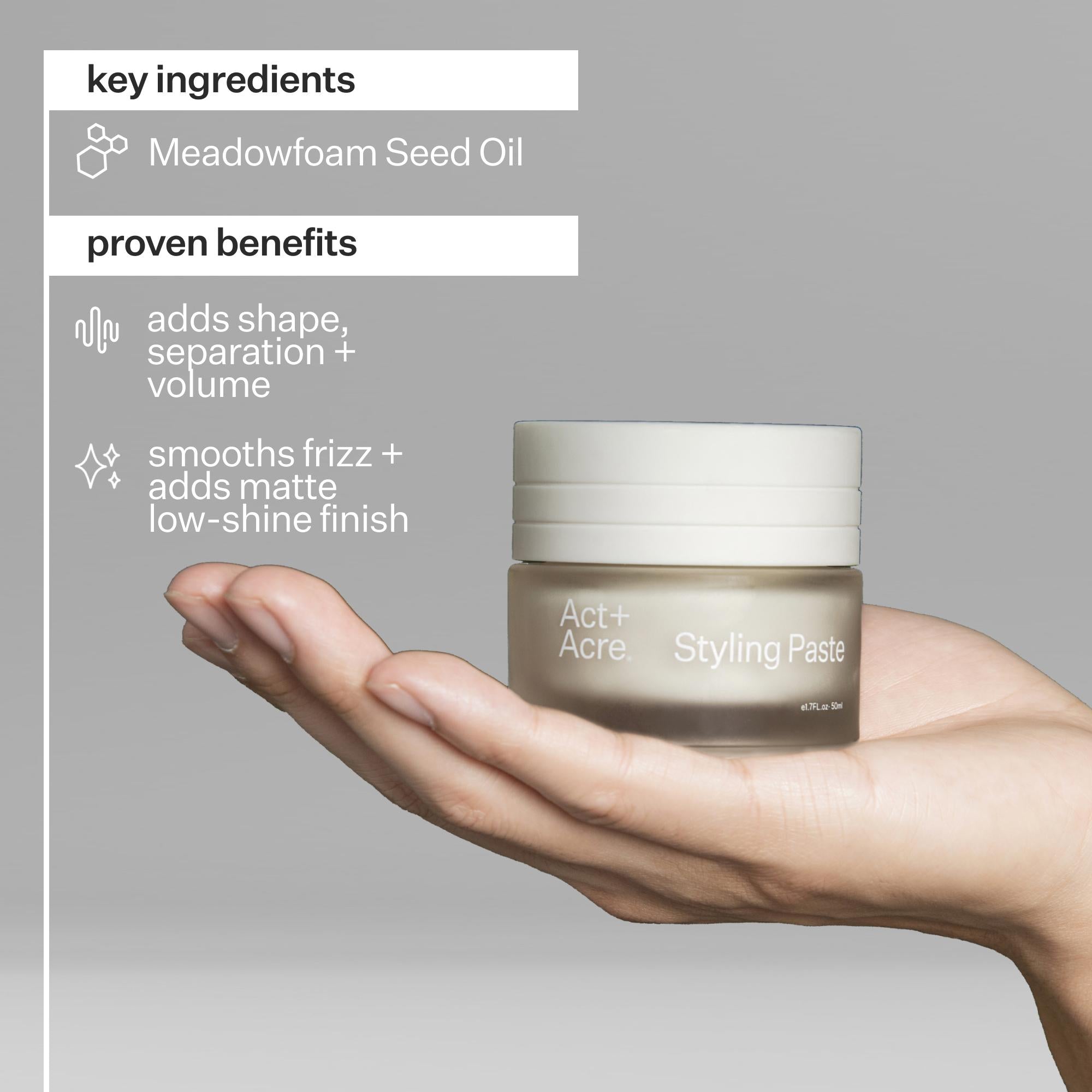 Infographic describing key ingredients and benefits of Act+Acre Styling Paste