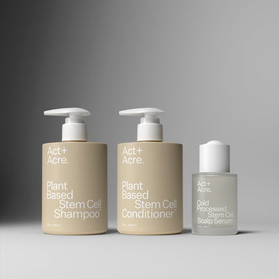 Act+Acre Plant Based Stem Cell Shampoo, Conditioner and Stem Cell Scalp Serum product line up 