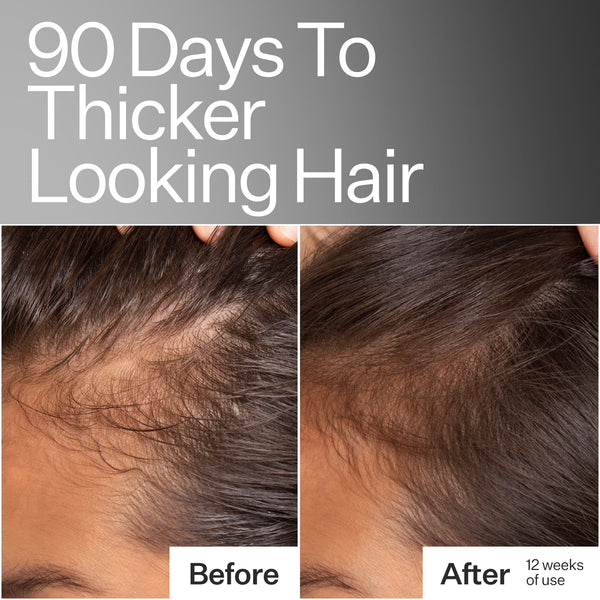 Before and after photos of models hair close up, instructing 90 days to thicker looking hair 