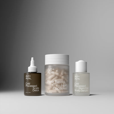 Act+Acre Scalp Detox, Plant Based Capsules and Cold Processed Stem Cell Scalp Serum Product Line up 