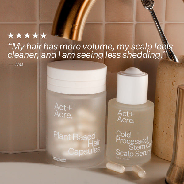 Consumer quote, close up of Act+Acre Plant Based Capsules and Stem Cell Serum 