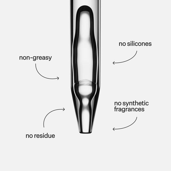 Descriptive words with arrows pointing at close up image of pipette with liquid in it. 